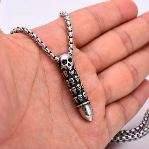 New Trendy Silver Skull Bullet Necklace for women/men - Picture 5 of 7